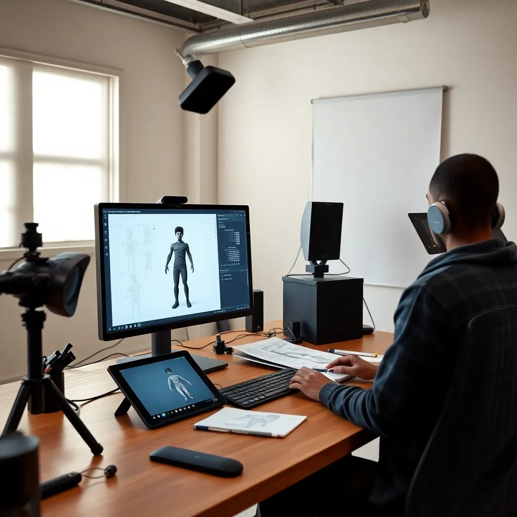 3D character model being animated on professional workstation