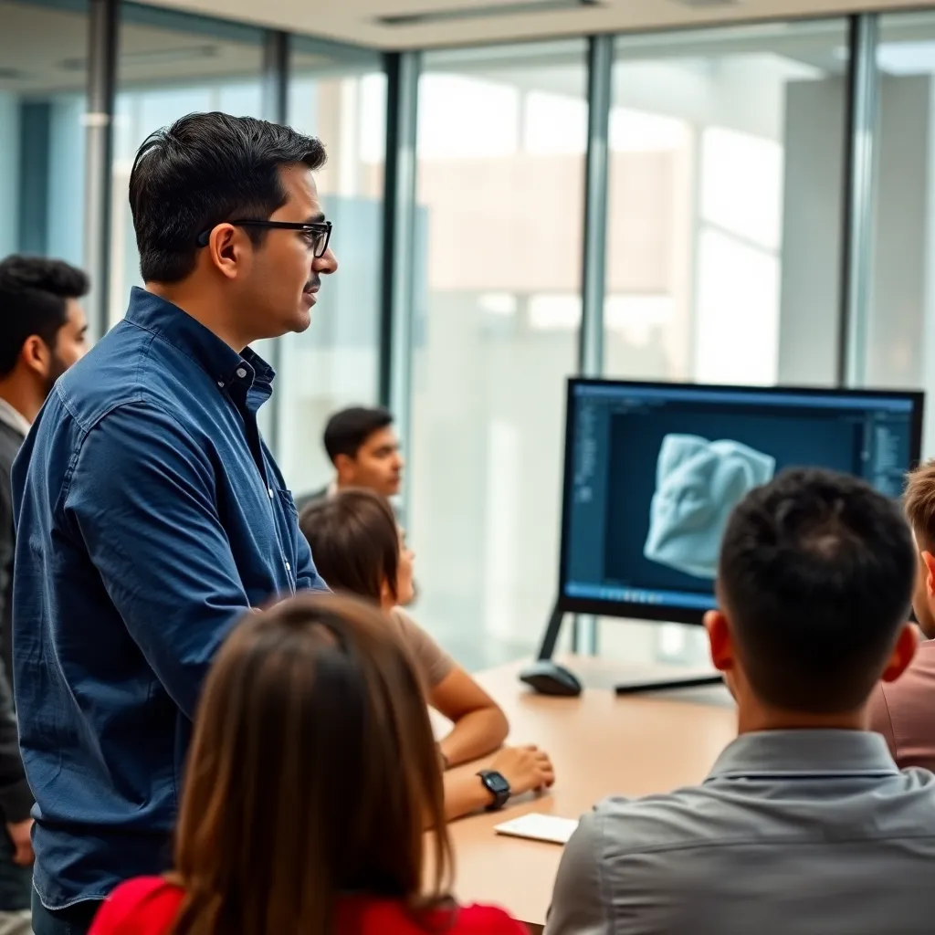 Advanced 3D modeling workstation with Egyptian instructor guiding students