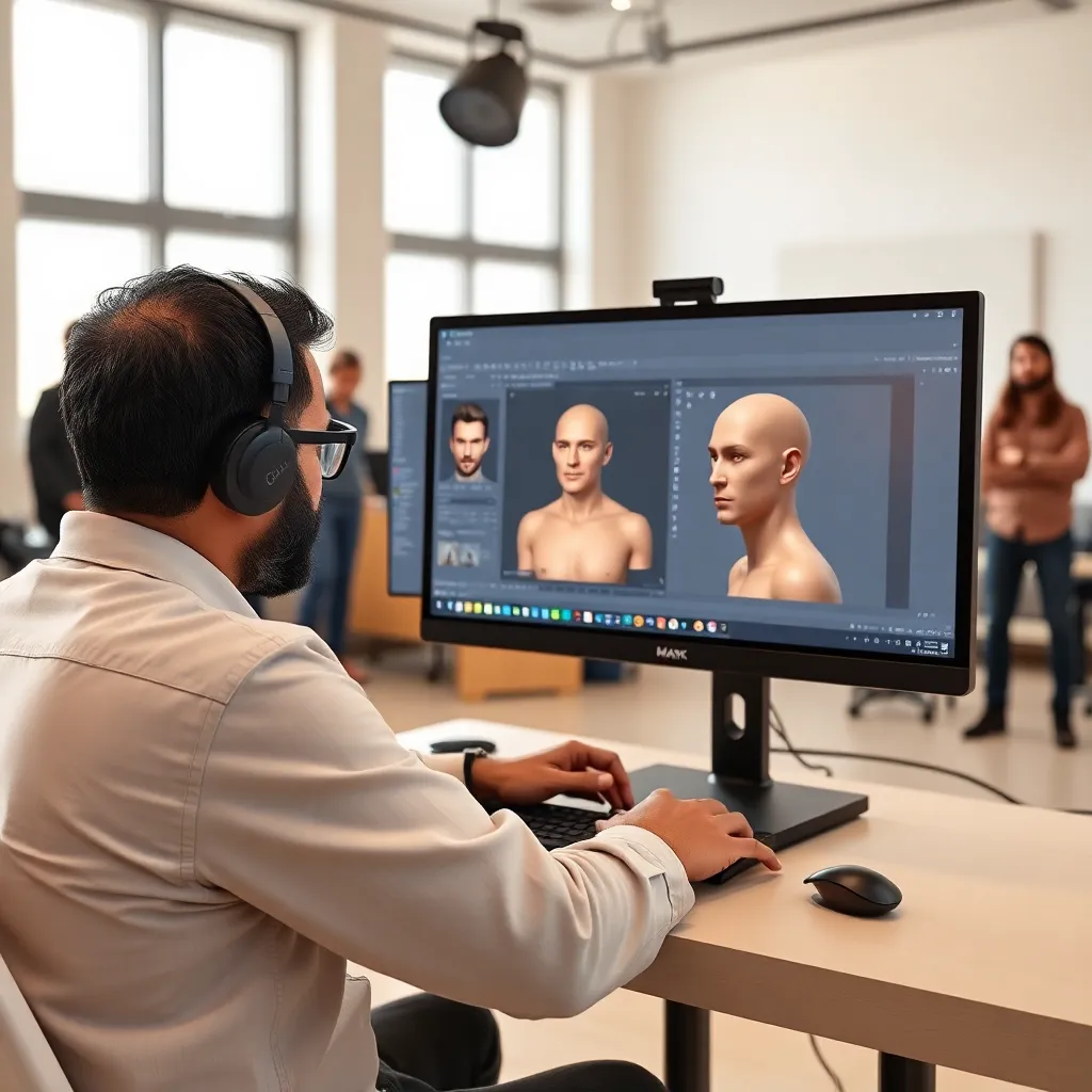 Professional 3D artist working on Maya character model in studio