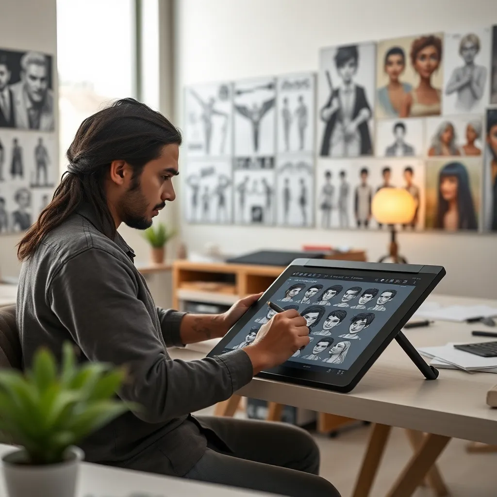 Character design workshop with artists creating digital characters