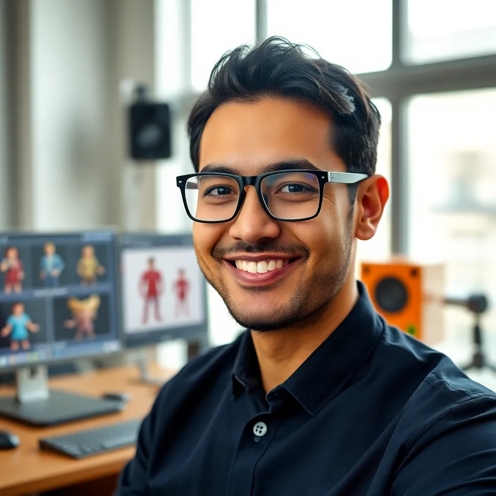 Character design workstation with 3D models and animation software