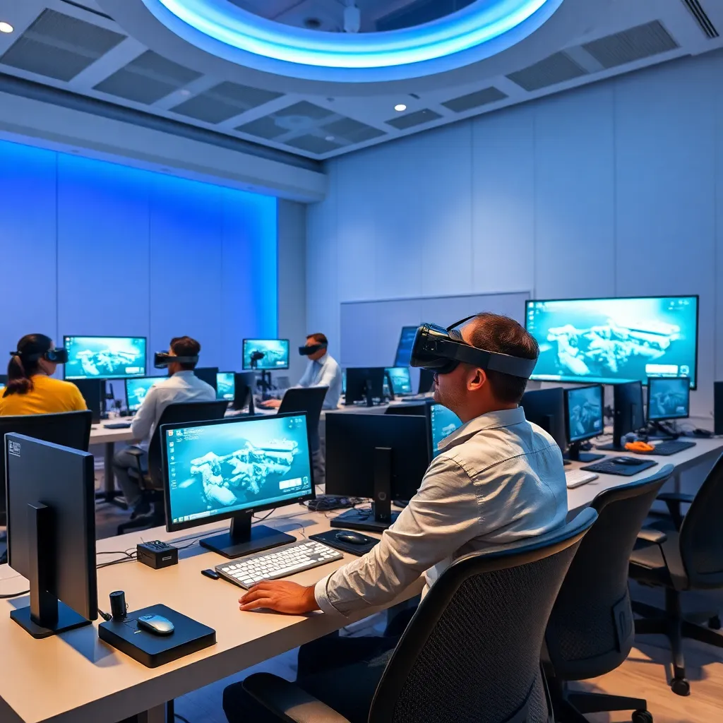 VR development lab with students testing 3D interactive environments