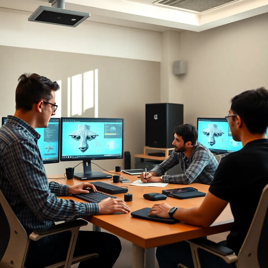 Group of architecture students learning 3D visualization techniques in modern computer lab