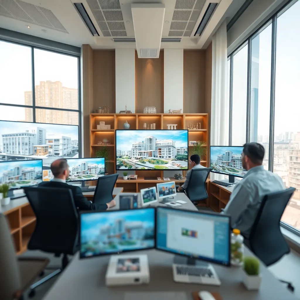 Architectural visualization studio with 3D rendering projects in progress