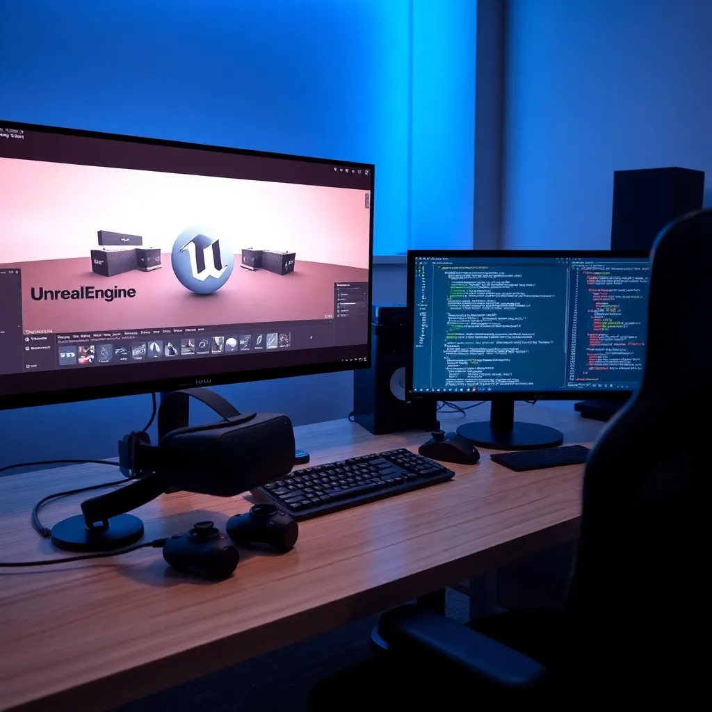 Professional 3D rendering workstation with multiple monitors showing architectural visualization software